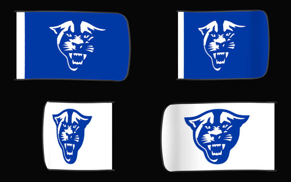 Georgia State Panthers Authentic Gameday Flag — clean four-view front design, front flying, back flying, and back design proof — source_sha256=ea2ac116ae014e76dc7142adfcafaea4852cbbb15065d447c2b0d3aebd91f131