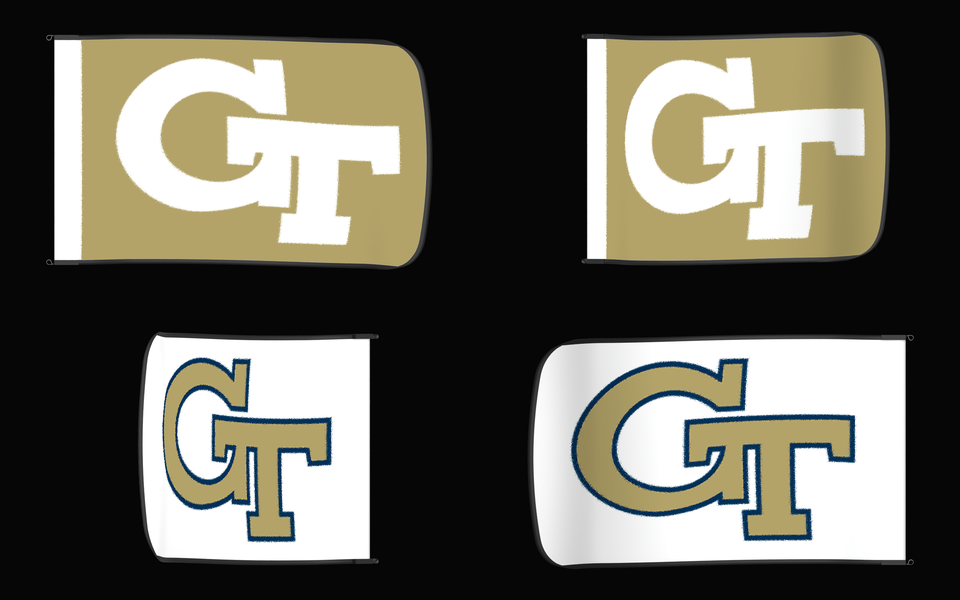 Georgia Tech Yellow Jackets Authentic Gameday Flag — clean four-view front design, front flying, back flying, and back design proof — source_sha256=7e2f271d387ee56126cf07e2885695f5a96fb9c9ef3450620d28cf2f1e19473c