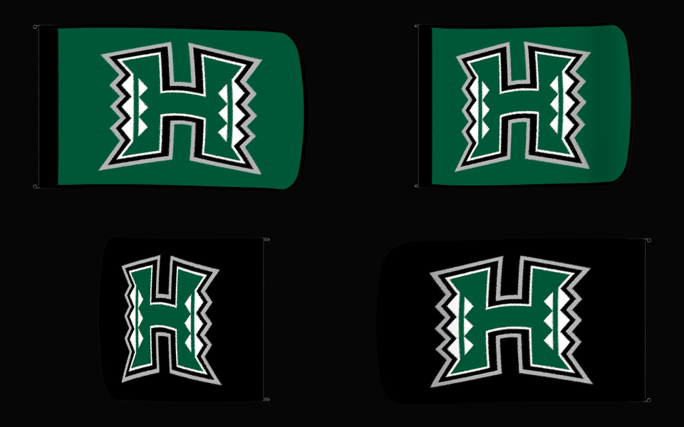 Hawai'i Rainbow Warriors Authentic Gameday Flag — clean four-view front design, front flying, back flying, and back design proof — source_sha256=72b3e320f54d9ca346f6cf3118ddfe6a9edda6c84d455203edfc5b3ec789c993
