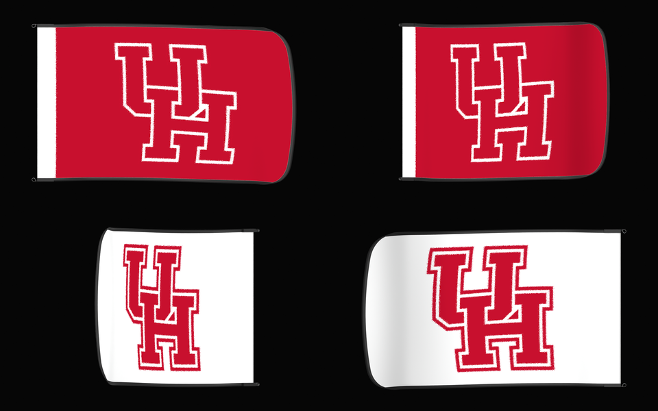 Houston Cougars Authentic Gameday Flag — clean four-view front design, front flying, back flying, and back design proof — source_sha256=31463710b3e0d1064fd25737aa334d3b9ff5e66bc30ddb38eea930af1188c767