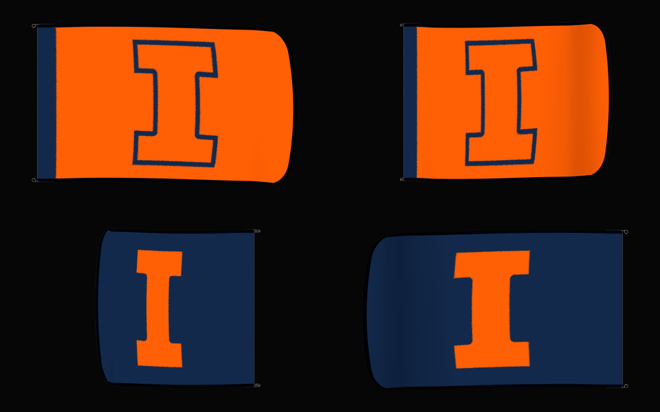 Illinois Fighting Illini Authentic Gameday Flag — clean four-view front design, front flying, back flying, and back design proof — source_sha256=2ba68a01428a2f521a256eae02eb72b60206c9bd0575354ea15fc59add99556d