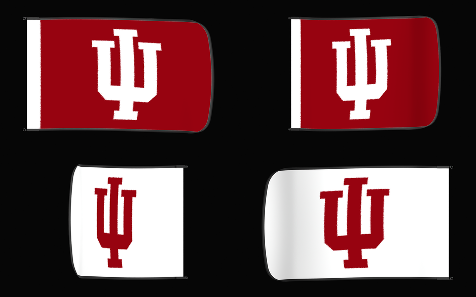 Indiana Hoosiers Authentic Gameday Flag — clean four-view front design, front flying, back flying, and back design proof — source_sha256=cb4fe5d0e365f541c060872f7b8efd232e46960d79960e142a9d455ccc7dcab7