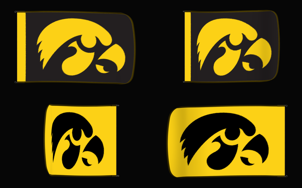 Iowa Hawkeyes Authentic Gameday Flag — clean four-view front design, front flying, back flying, and back design proof — source_sha256=ec727da85aa9084cc007dc407e1de913accd7f57561accafbf3ac12688cf05b7