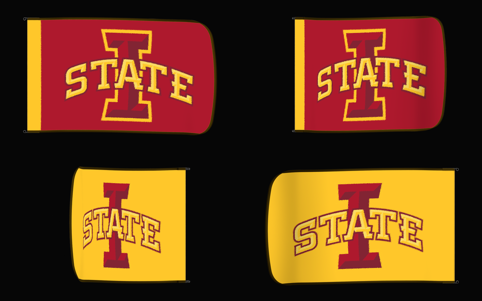 Iowa State Cyclones Authentic Gameday Flag — clean four-view front design, front flying, back flying, and back design proof — source_sha256=b5a493da638765607ff968a113b454b197f72f80b62fe72d534faa259d4a27fe