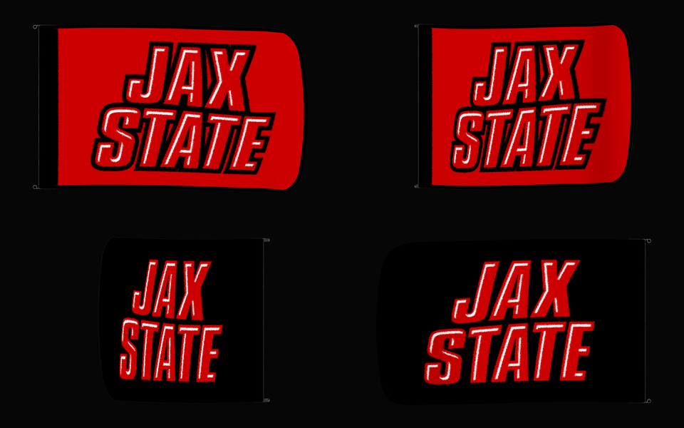 Jacksonville State Gamecocks Authentic Gameday Flag — clean four-view front design, front flying, back flying, and back design proof — source_sha256=41478a02840e9107c13e219ac5234f5faaee65f287140679e60c1e92fd6bbaca