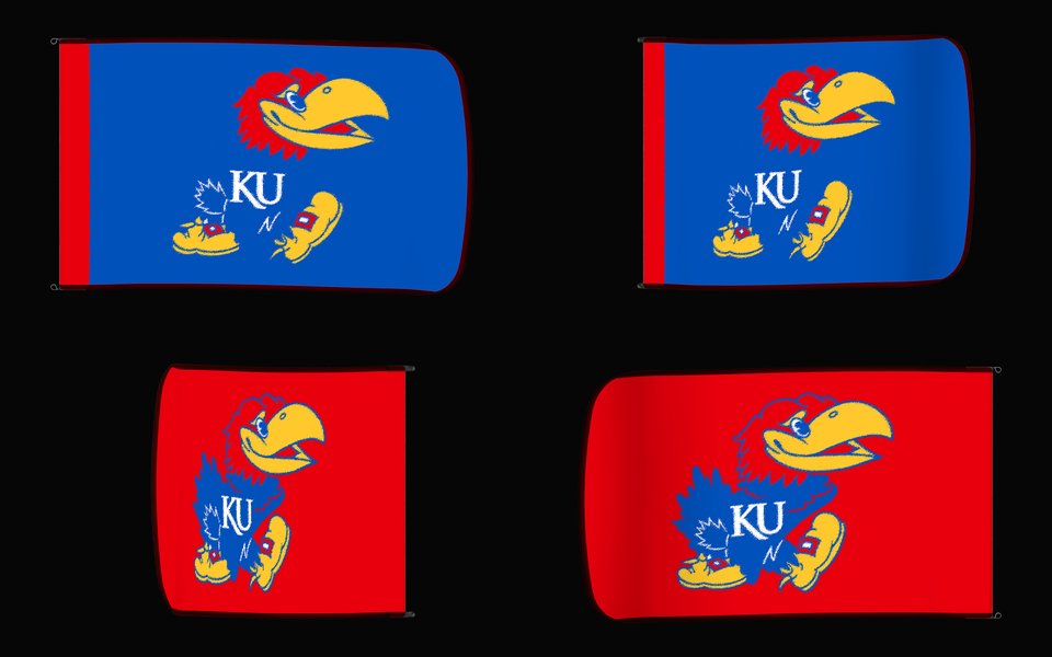 Kansas Jayhawks Authentic Gameday Flag — clean four-view front design, front flying, back flying, and back design proof — source_sha256=f4161c08cec99590ea595316f0c2ff43246273404f04a0661dcf1c4ff49587c6