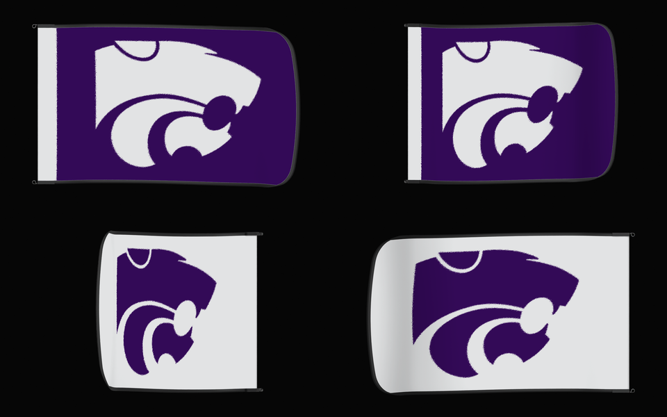 Kansas State Wildcats Authentic Gameday Flag — clean four-view front design, front flying, back flying, and back design proof — source_sha256=7a5dc55bb1ed8fae6405bda3751a1f7fd7997dcfe5b33ca17e2d22da19e3f2e0