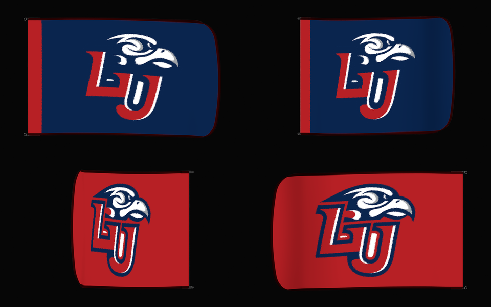Liberty Flames Authentic Gameday Flag — clean four-view front design, front flying, back flying, and back design proof — source_sha256=938430dcfc042809fb1f4737a2e2cd0be70451ccf042438eb2f5a87572ca50b7