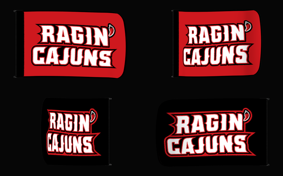 Louisiana Ragin' Cajuns Authentic Gameday Flag — clean four-view front design, front flying, back flying, and back design proof — source_sha256=d4959cf0cb3a6ee3536fadb1d523dddf30207adbe87809b3e50c827c40ae197e