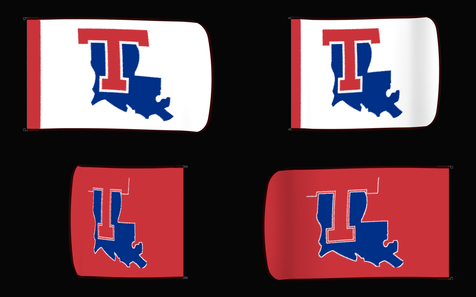 Louisiana Tech Bulldogs Authentic Gameday Flag — clean four-view front design, front flying, back flying, and back design proof — source_sha256=45bc7e532be0150003e675f30b9aabe3084366c30339542029217eb7e30813fe