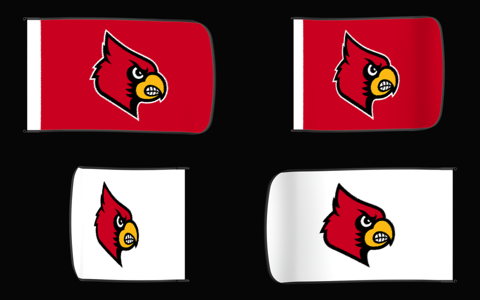Louisville Cardinals Authentic Gameday Flag — clean four-view front design, front flying, back flying, and back design proof — source_sha256=8f524f33e40188ae62b888ec498f64aa376160185dd10e862af36f2ea1f2dd88