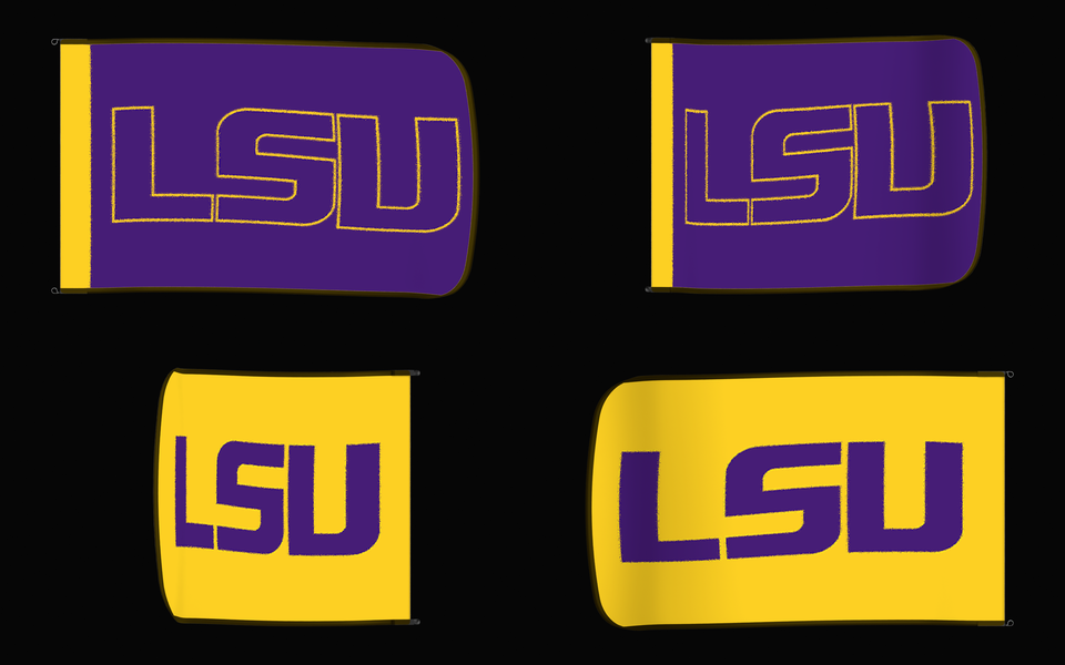 LSU Tigers Authentic Gameday Flag — clean four-view front design, front flying, back flying, and back design proof — source_sha256=4b36d75db1fd54a0da7a1d641ccb40b1f7dbccc10721e41d057b38e345ba4ee8