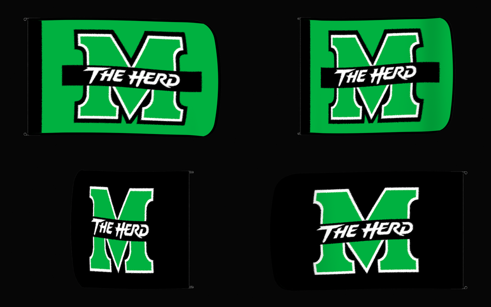 Marshall Thundering Herd Authentic Gameday Flag — clean four-view front design, front flying, back flying, and back design proof — source_sha256=5ffcf56175d7fd7adfb3a40c6158030ea8e6af9afa050d19e638c4e9c252fd2d