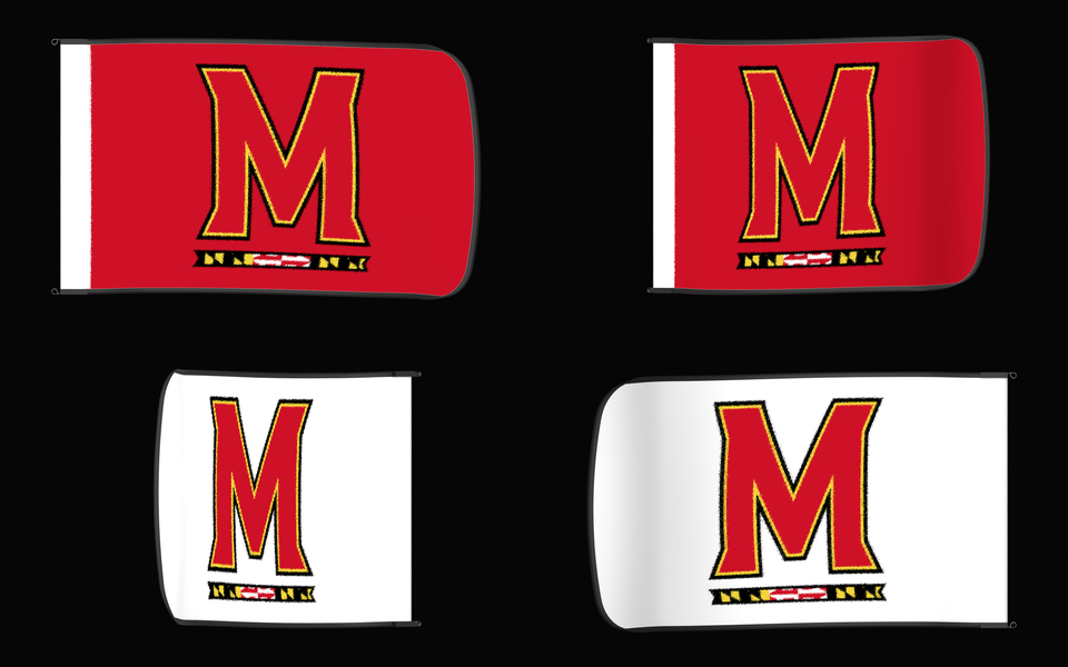 Maryland Terrapins Authentic Gameday Flag — clean four-view front design, front flying, back flying, and back design proof — source_sha256=1afc1e99bfb9798cd98cdbb81bf83b56019955215319d4ec86a0bd0905d3eb79