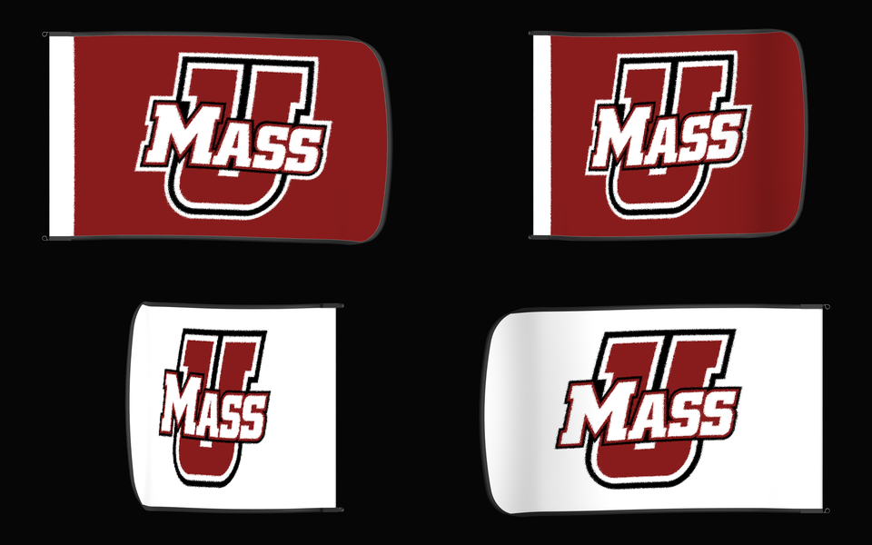 Massachusetts Minutemen Authentic Gameday Flag — clean four-view front design, front flying, back flying, and back design proof — source_sha256=efc24ecb25f18f5d81f724f18ef443a8b663a838e0ee03d2d3b46f5924ea524b