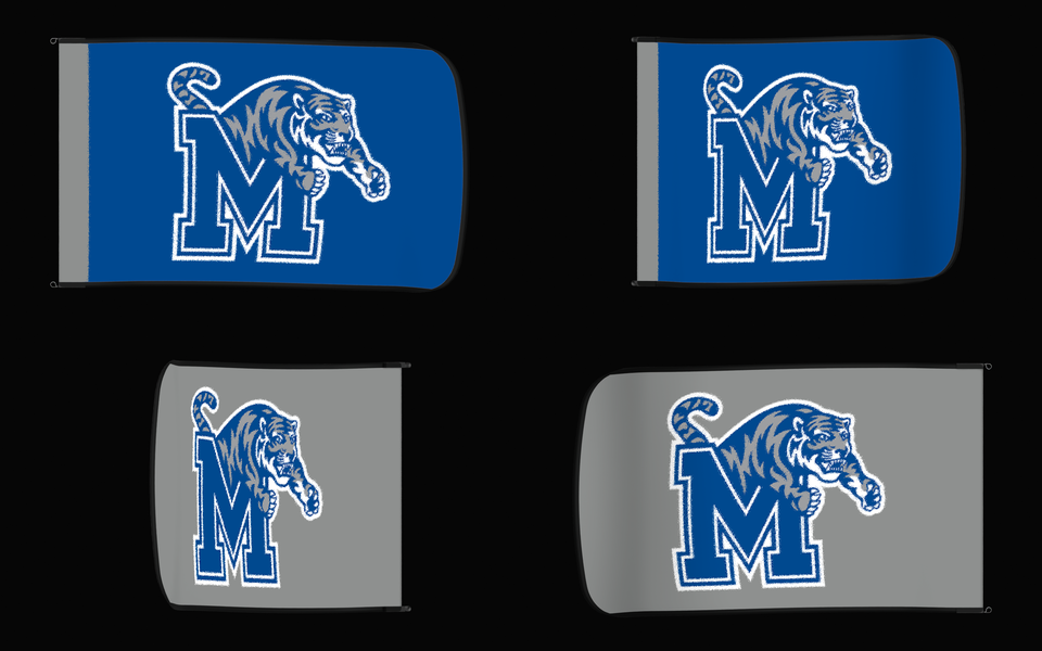 Memphis Tigers Authentic Gameday Flag — clean four-view front design, front flying, back flying, and back design proof — source_sha256=f650edb109811eb4811b3c8b797a00a5b6e97feb9175b686b511b26e704f7030