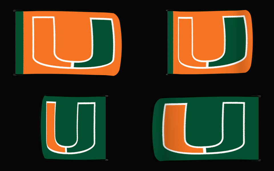 Miami Hurricanes Authentic Gameday Flag — clean four-view front design, front flying, back flying, and back design proof — source_sha256=be19048a3d92f32b43dc8824b2702474fd32e1a30dc18439f752d55af3f7141d