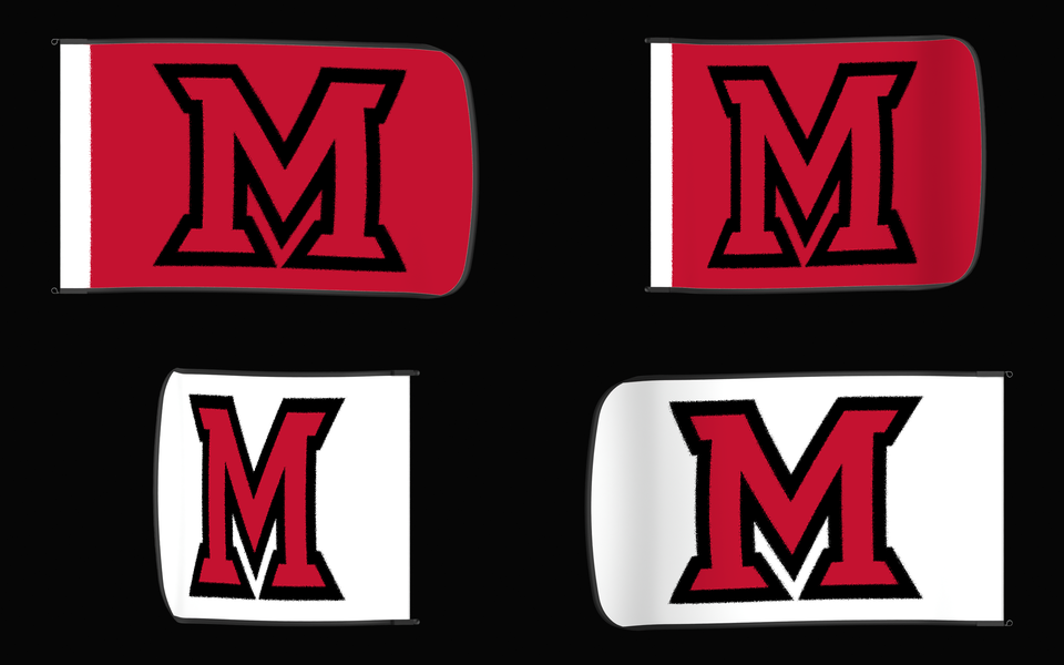 Miami (OH) RedHawks Authentic Gameday Flag — clean four-view front design, front flying, back flying, and back design proof — source_sha256=2a1f6d83b9e9d515352519c857f5f384edb979cb1c121114e05743fef2f54da5