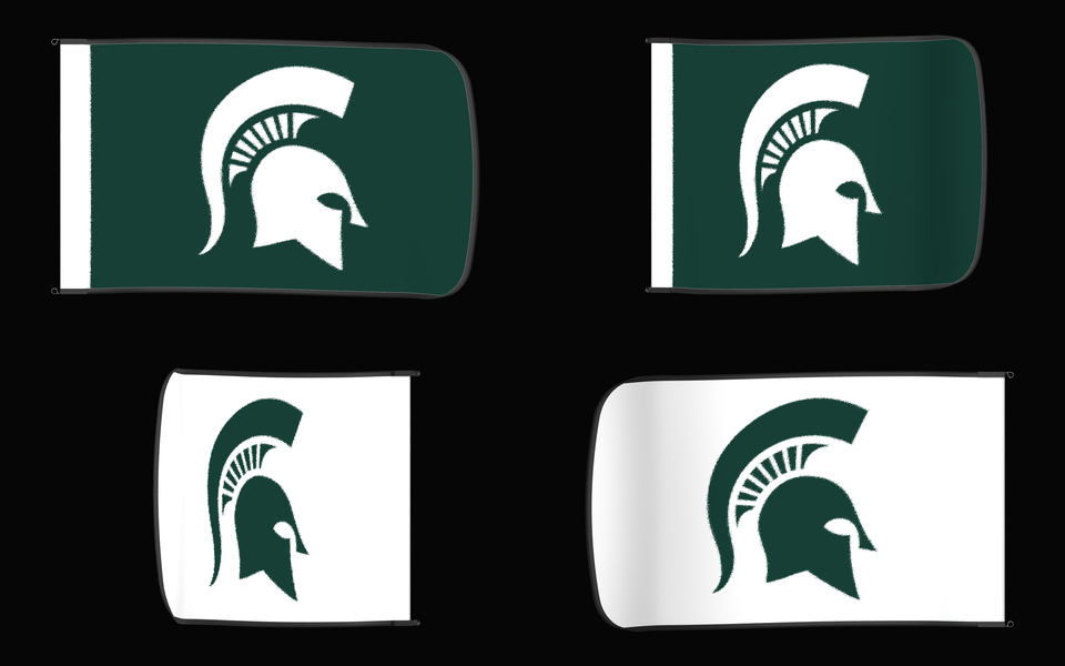 Michigan State Spartans Authentic Gameday Flag — clean four-view front design, front flying, back flying, and back design proof — source_sha256=6935afaf3d1818ed081eaca5adeb13cbbb56f898bca240193e23575233816c51