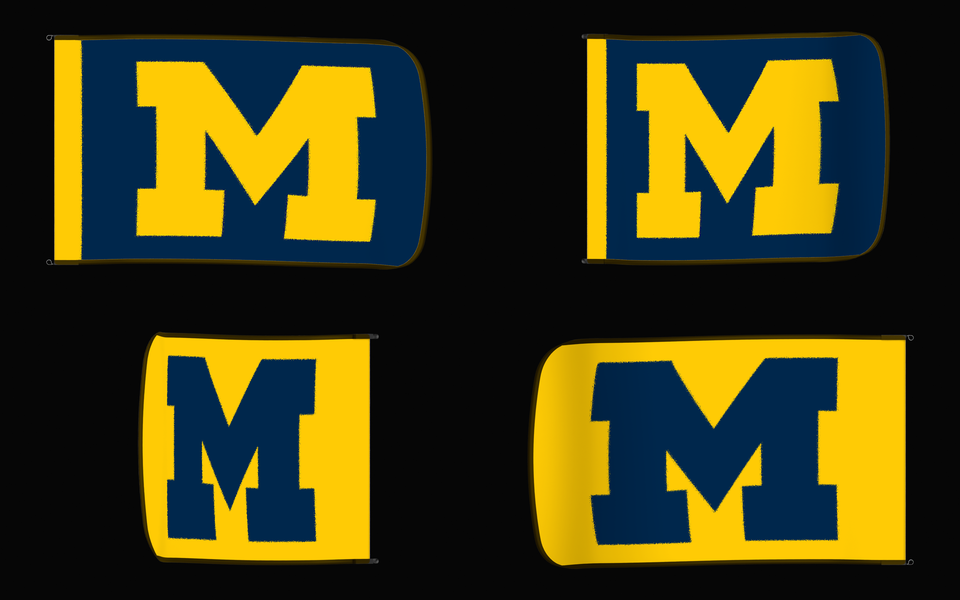 Michigan Wolverines Authentic Gameday Flag — clean four-view front design, front flying, back flying, and back design proof — source_sha256=5b6d913c1d960e0a7eca42400b90a598d0b0a92a6d90436e64f6052b8482a49c