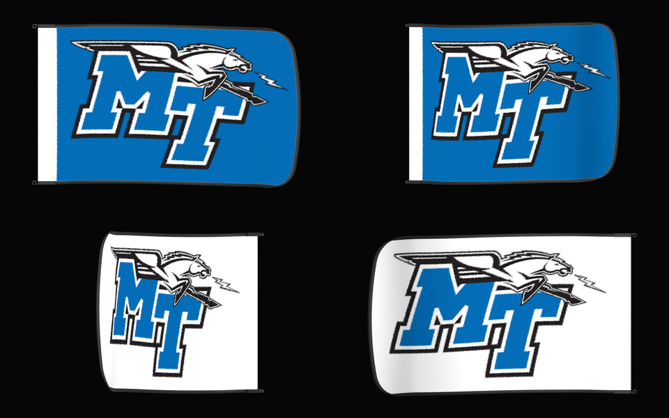 Middle Tennessee Blue Raiders Authentic Gameday Flag — clean four-view front design, front flying, back flying, and back design proof — source_sha256=9724c1b6449963a3f675e5afbe742edfc216f0ad75bb86b94ee46c8ba1c30654