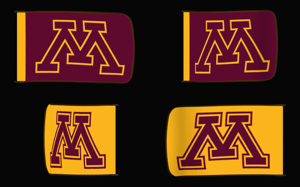 Minnesota Golden Gophers Authentic Gameday Flag — clean four-view front design, front flying, back flying, and back design proof — source_sha256=a3d6820c672b0d928a19e4e6fdcec28c1a9b79ab683081f9693215387e8627d1