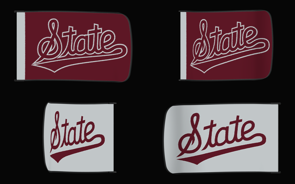 Mississippi State Bulldogs Authentic Gameday Flag — clean four-view front design, front flying, back flying, and back design proof — source_sha256=f44c19b5ea86f5b662367d95a8cc0097ae851527df57e3b1a19c5569882ee045
