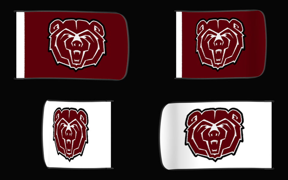 Missouri State Bears Authentic Gameday Flag — clean four-view front design, front flying, back flying, and back design proof — source_sha256=3993ffa5ac195e12edfb9fd5f90e8b372b4824b5521cf389a17a4acd88a8fdb8