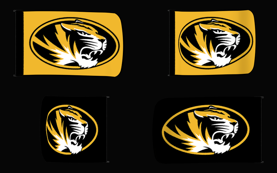 Missouri Tigers Authentic Gameday Flag — clean four-view front design, front flying, back flying, and back design proof — source_sha256=9222f9766e344e43a933323d9b12e5670bc6c892d2e7f24d3e3764d213e05b59