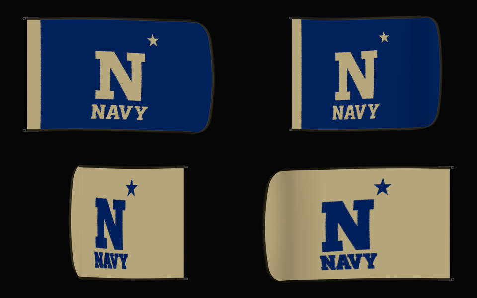 Navy Midshipmen Authentic Gameday Flag — clean four-view front design, front flying, back flying, and back design proof — source_sha256=1cee876e7a30bfa6ffee26d7509b583f45ce7513467c644a09b85ce452093623