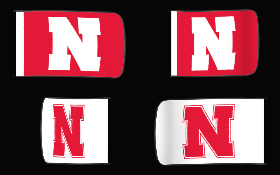 Nebraska Cornhuskers Authentic Gameday Flag — clean four-view front design, front flying, back flying, and back design proof — source_sha256=6040d45119be4da174bfc139aedb94c41c28450ef5ad26ecdbea7c4c319faf94