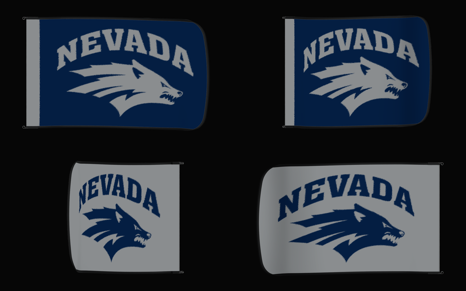 Nevada Wolf Pack Authentic Gameday Flag — clean four-view front design, front flying, back flying, and back design proof — source_sha256=17eb76fc8645b7dabcae75c3381ac54faa09015714d2269532cfffee7bf98b38
