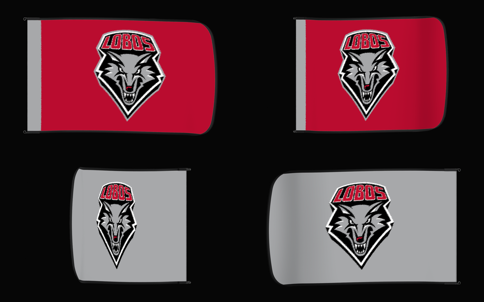 New Mexico Lobos Authentic Gameday Flag — clean four-view front design, front flying, back flying, and back design proof — source_sha256=63a1f1d745a8cb1aa38fbd950e04ef9e0293f289e4ab15071b59a023989b4aa4