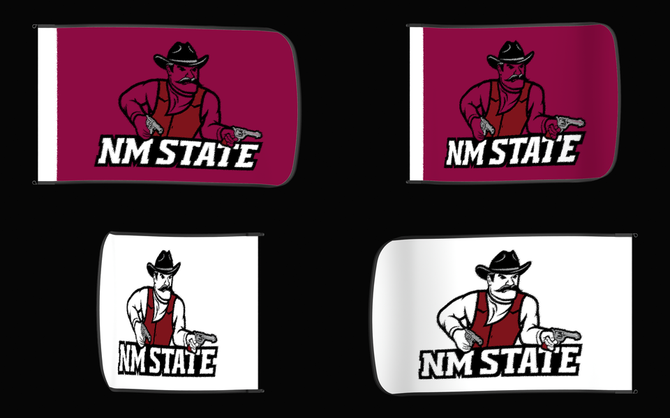 New Mexico State Aggies Authentic Gameday Flag — clean four-view front design, front flying, back flying, and back design proof — source_sha256=ae1caf6faa916d5ced261bc65bfa3a9d0036537ce90774f9c851848b4ee78595