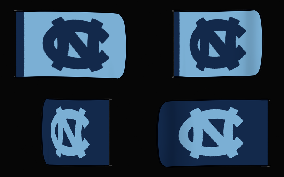 North Carolina Tar Heels Authentic Gameday Flag — clean four-view front design, front flying, back flying, and back design proof — source_sha256=8d437c6e60f5eb883c63c79073465abf55a9bb8a37889eb08257486249e5ae62