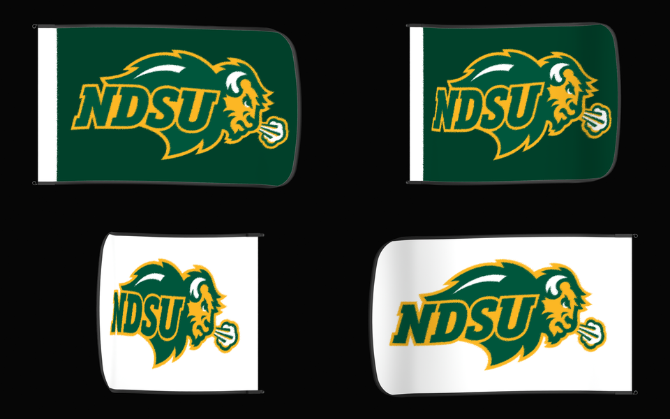 North Dakota State Bison Authentic Gameday Flag — clean four-view front design, front flying, back flying, and back design proof — source_sha256=0b1ab1b3c85ee1060867a05ccbe699c323cdf6a397e0261b689f58f280f80f9f