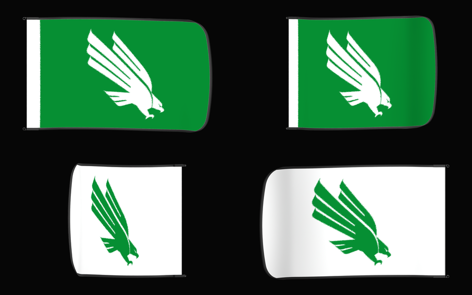 North Texas Mean Green Authentic Gameday Flag — clean four-view front design, front flying, back flying, and back design proof — source_sha256=a331130e1f4abbffef8d4b0d90963cfc6f21a6c1d58682ca44eff1b68ba9fcf5