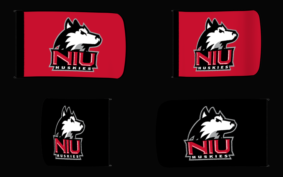 Northern Illinois Huskies Authentic Gameday Flag — clean four-view front design, front flying, back flying, and back design proof — source_sha256=89d829cac774696dc44daabd63cf3650ab1807ff52ddedad70dc048c4c92e662