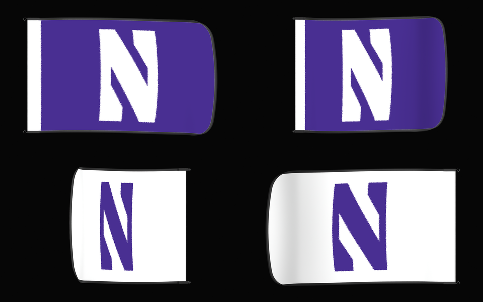 Northwestern Wildcats Authentic Gameday Flag — clean four-view front design, front flying, back flying, and back design proof — source_sha256=41e931785dbdd4c942bf981c228480ef3c893d2896465e1882dbf65f0dcb24c1