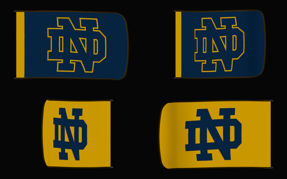 Notre Dame Fighting Irish Authentic Gameday Flag — clean four-view front design, front flying, back flying, and back design proof — source_sha256=bf003c29dc52743f3e90e93c611aede9b6a1f8e49c7649c07967f2f03a58aa82