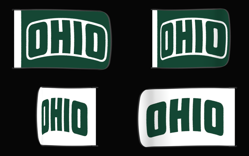 Ohio Bobcats Authentic Gameday Flag — clean four-view front design, front flying, back flying, and back design proof — source_sha256=6fdd58e5c0bc503cc46da2f7d00e953ec0c084bc72a1123d05ea250d8a803d81