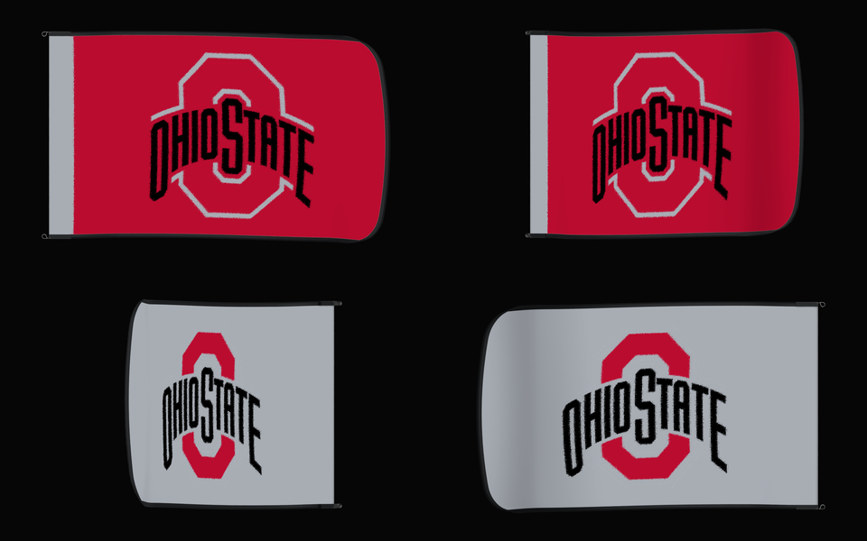 Ohio State Buckeyes Authentic Gameday Flag — clean four-view front design, front flying, back flying, and back design proof — source_sha256=ff0c6970a3ec2f813aaa90edeaf45080cfe985a4f9894e7b73837e56a4c2de1c