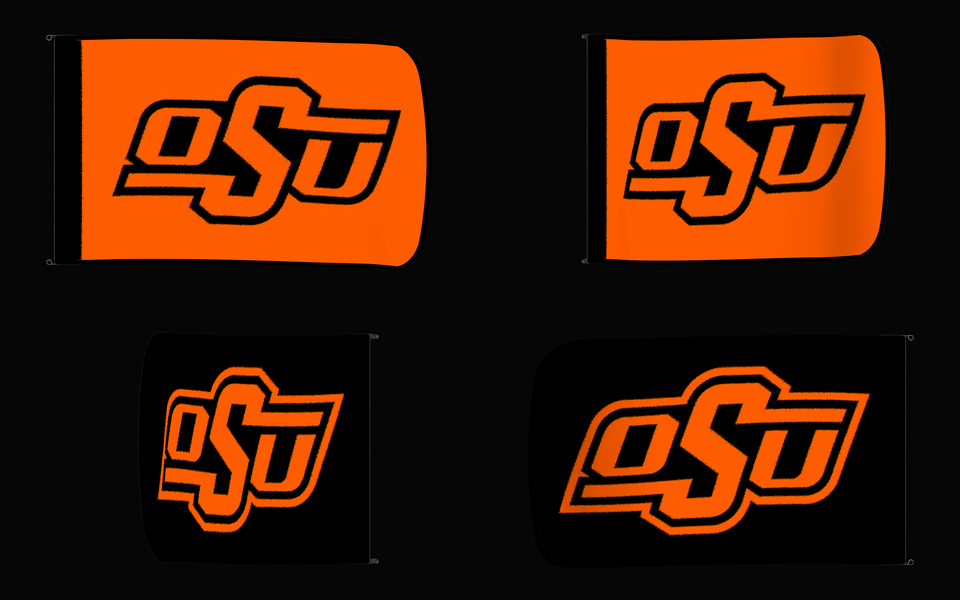 Oklahoma State Cowboys Authentic Gameday Flag — clean four-view front design, front flying, back flying, and back design proof — source_sha256=3f36755176616681521122a7d47e7209add7628bd060f09bfad4e4ddebedcbf3