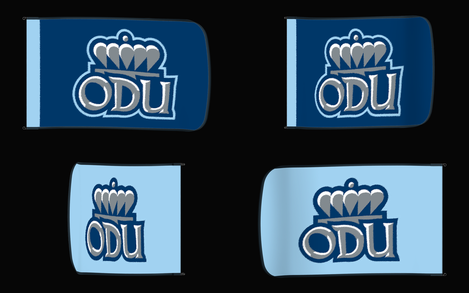 Old Dominion Monarchs Authentic Gameday Flag — clean four-view front design, front flying, back flying, and back design proof — source_sha256=7b5dcb9a1fb31c6dd00e354907e606b20315c50ba9fafe80f3f3fa7df4dd5577