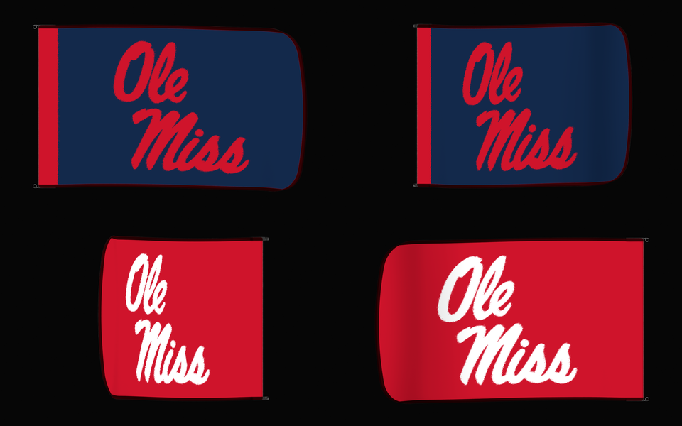 Ole Miss Rebels Authentic Gameday Flag — clean four-view front design, front flying, back flying, and back design proof — source_sha256=a418f7a47936f2b4e25211594e4a0111cceebfc4c2e43beafd20d3c71f80c228