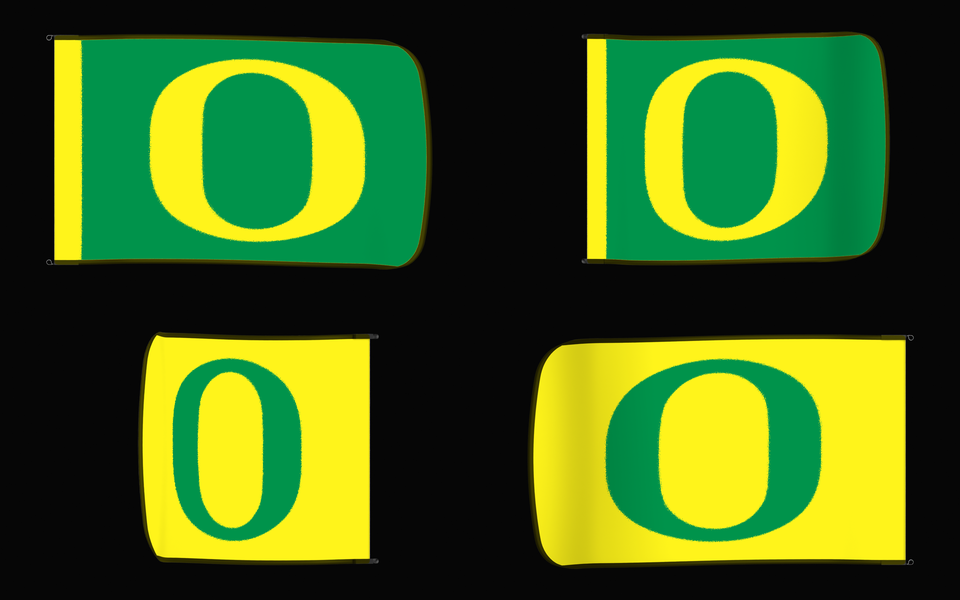 Oregon Ducks Authentic Gameday Flag — clean four-view front design, front flying, back flying, and back design proof — source_sha256=6dfed8a30285367d7e3cdbbc403fa5fd948c6bc89f9c475989e68b12465f9395