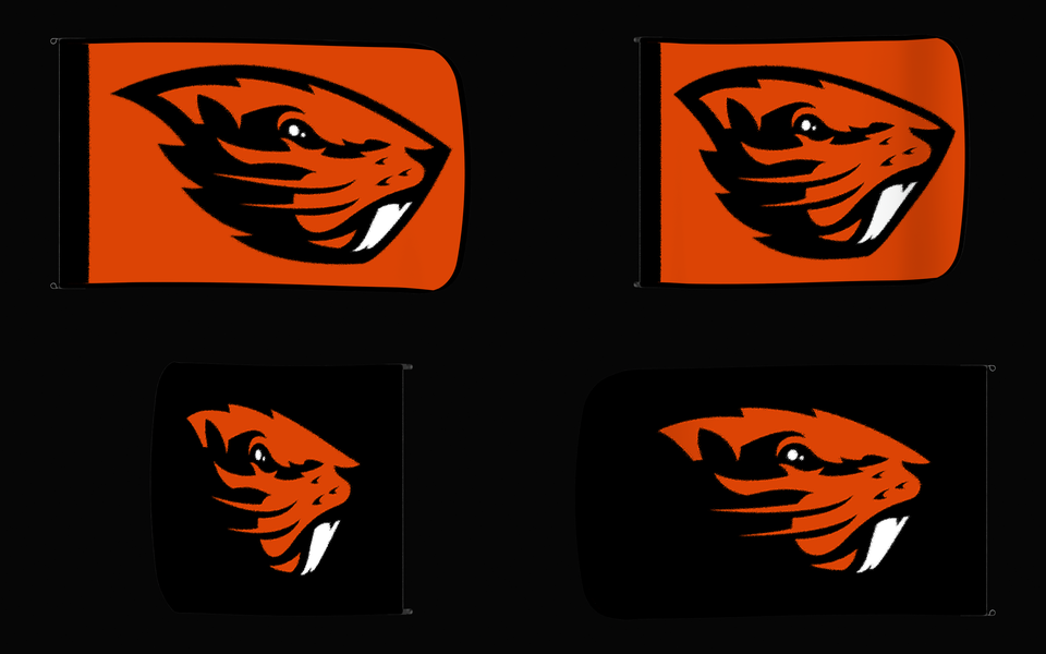 Oregon State Beavers Authentic Gameday Flag — clean four-view front design, front flying, back flying, and back design proof — source_sha256=ab0a44258d376d72955392facdda1dd214a28985e5a45265ec378ee3d0996104