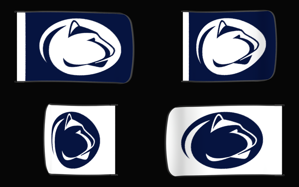 Penn State Nittany Lions Authentic Gameday Flag — clean four-view front design, front flying, back flying, and back design proof — source_sha256=0a3ec040998e7b861b62bc87c1dd308778c810018b8084dccbc0ddbd6c3f9330