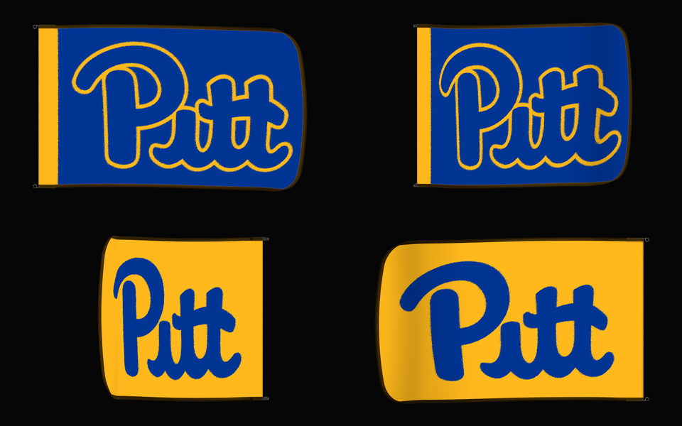 Pittsburgh Panthers Authentic Gameday Flag — clean four-view front design, front flying, back flying, and back design proof — source_sha256=d301b1391d41ea5550d5a5fb16c6bf2d9c3504d9b9078ab5b05be8a7873002bf