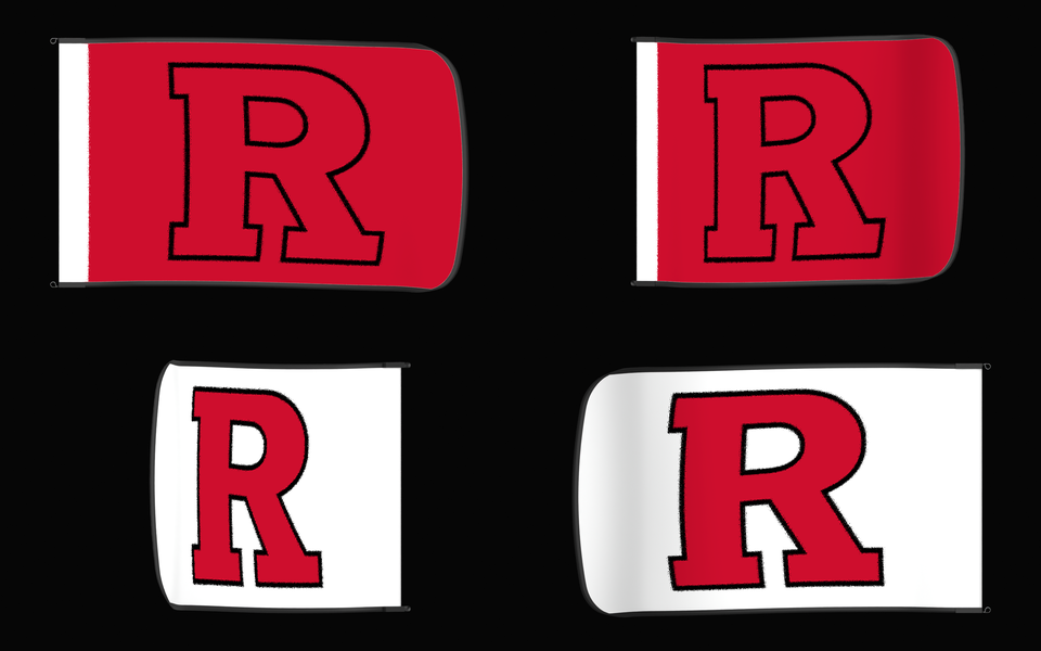 Rutgers Scarlet Knights Authentic Gameday Flag — clean four-view front design, front flying, back flying, and back design proof — source_sha256=89d8abc0b0ccc74b6fb902ca09b44ec585e9d3599b2d162051687950f2a863bd